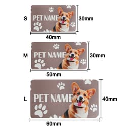A pet feeding mat in brown featuring a dog design and paw prints, available in three sizes: S, M, and L.