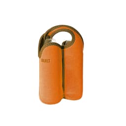 A drink bottle cooler in bright orange with a snap handle, designed to hold two bottles, featuring a logo.