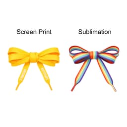 A pair of bows: one in bright yellow with printed laces, the other in rainbow colours with sublimated patterns.