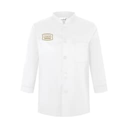 A white, 3/4 sleeve, single-breasted chef jacket with a pocket and a logo on the chest.