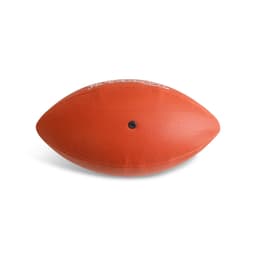 An orange American football with a textured surface and a black valve, featuring a logo.