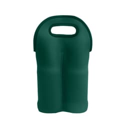 A green neoprene double beer bottle carrier with a handle for easy carrying and a sleek design.