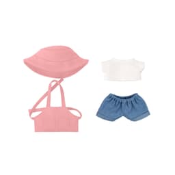 A pink hat, white top, and denim shorts in a 4-piece outfit for 15–17cm dolls. Features a logo on the hat.