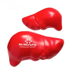 A red liver-shaped stress reliever, featuring a logo, in two sizes, suitable for keyrings.