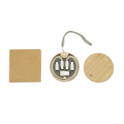 A bamboo circle cable kit featuring various connectors and a storage case, with a beige and natural wood colour scheme.