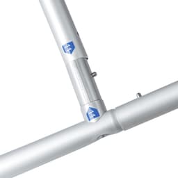 A silver metal frame connector for a display wall, featuring a light metallic finish and branded logo.