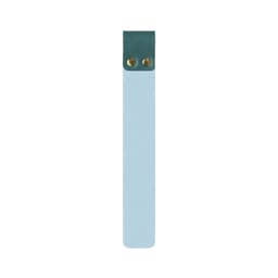 A custom PU bookmark in light blue with a dark green top and two gold metal buttons.