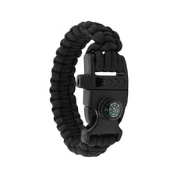 A black 3-in-1 emergency survival bracelet featuring a whistle and compass, designed for outdoor use.