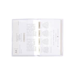 A clear soft PVC folder with a white interior, designed for A4 documents, featuring sections for informational content.