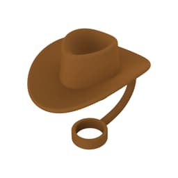 A drink bottle accessory featuring a brown silicone cowboy hat straw cover with an attached ring.