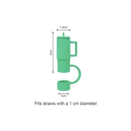 A green cup-shaped silicone straw cover with a handle, designed for straws with a 1 cm diameter. It features a logo.