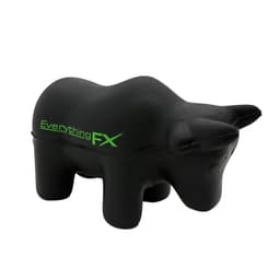 A black bull-shaped stress reliever with a logo on its side, designed for fun and stress relief.