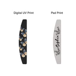 A half moon shape nail file featuring a butterfly design on a black background and a personalised design on a grey background.