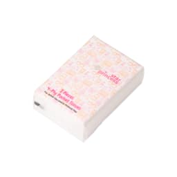 A pack of white pocket tissues featuring a patterned design in pink and orange, with a logo on the front.