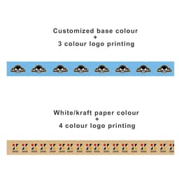 A blue and brown reinforced kraft paper tape with various printed logos and designs.