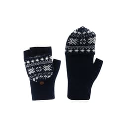 Fingerless gloves in navy with a white jacquard pattern and a flip cover, featuring a decorative button.
