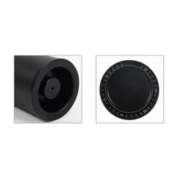 A black push-type wine stopper with a circular scale on top. Features a sleek, modern design and has a logo.