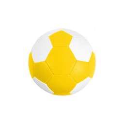 A yellow and white machine-stitched PU handball with a textured surface and hexagonal panels.