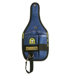 A navy blue portable tool waist pouch featuring multiple pockets and a metal clasp, with a logo present.