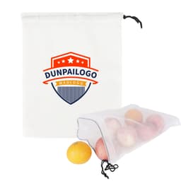 A beige cotton mesh produce bag with a drawstring, containing assorted fruits like apples and an orange.