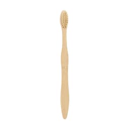 A large toothbrush with a wavy handle and natural bristles, made from bamboo, featuring a simple design.