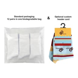 A pack of 12 pairs of ankle socks in a biodegradable bag, featuring a colourful custom pattern and a header card.