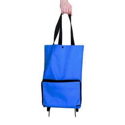 A blue collapsible shopping trolley bag with black accents and straps being held by a hand.