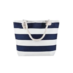 A navy and white striped tote bag with a rope handle, featuring a simple design and an attached logo.