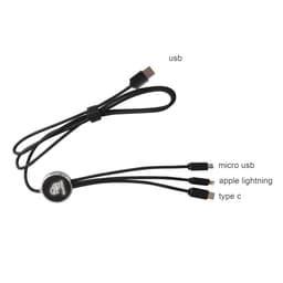 A black 1.2m long charging cable featuring USB, micro USB, Apple Lightning, and Type C connectors.