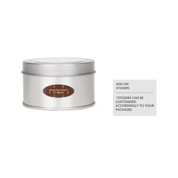 A silver tin can with a circular lid and a foam insert, featuring a logo and a space for customised stickers.