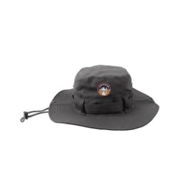 A grey outdoor brim hat featuring a logo and an adjustable strap for secure fit.