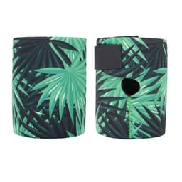 A drink bottle holder featuring a vibrant green tropical leaf design, with an opening and a secure strap.