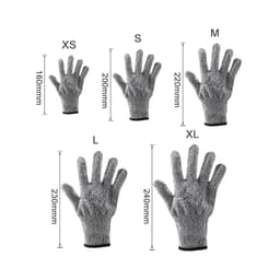 A set of five cut resistant gloves in grey, displayed in various sizes from XS to XL, with measuring dimensions indicated.