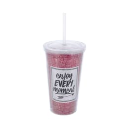 A clear plastic cup with a lid and straw, featuring a red leaf pattern and an accompanying logo.