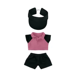 A pink and black racing suit set including a top, shorts, and a black visor for 15–17cm dolls.