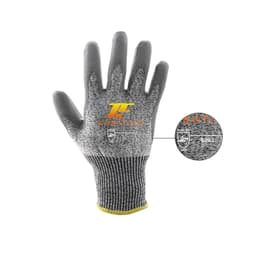Cut resistant PU gloves in grey with a yellow wrist cuff, featuring a logo on the back of the hand.