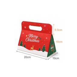 A red foldable gift box with festive designs, including trees and reindeer, featuring a handle.