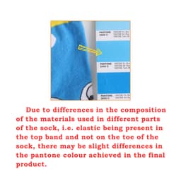 A close-up of a colourful sock featuring a design with a blue base and a panelling label indicating colour specifications.