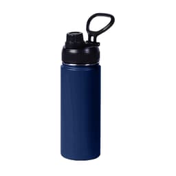 A drink bottle in navy blue stainless steel with a black lid and carry handle. Features a logo on the side.