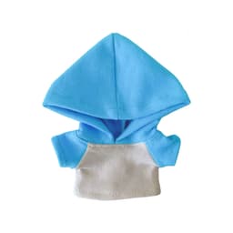 A plush doll raglan hoodie in blue and cream, featuring a large hood and short sleeves. It has a small brand logo.
