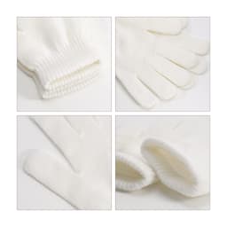 A pair of plain white knitted gloves with a woven label, featuring ribbed cuffs and a soft texture.