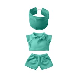 A turquoise racing suit set for 15–17cm dolls, featuring a visor, polo shirt, and shorts. It includes a logo.
