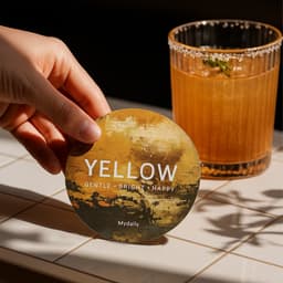A round, frosted metal coaster in yellow with a textured design, held near a glass of cocktail.