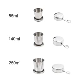 Compact stainless steel folding cups in silver, available in 55ml, 140ml, and 250ml sizes, with storage lids.