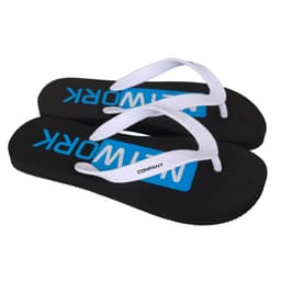 A pair of black thongs with white straps and blue branding on the footbed.