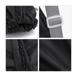 A black bucket drawstring backpack featuring a cinched top, grey strap, and detailed zippers. It includes a logo.
