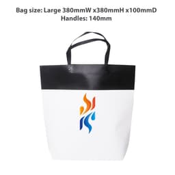 A large black and white boutique paper bag with a logo and sturdy handles. Dimensions: 380mm x 380mm x 100mm.