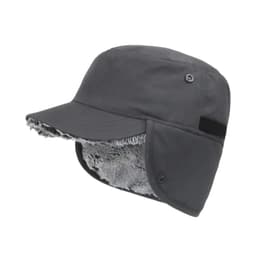 A thickened earflap hat in grey with a plush interior and adjustable ear flaps. It features a logo on the side.