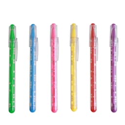 A collection of six Puzzle Maze Pens in green, blue, pink, yellow, red, and purple, each with a clear barrel and a logo.