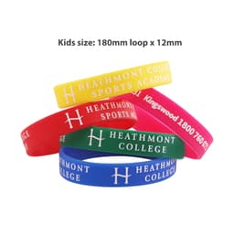 A variety of printed silicone wristbands in yellow, red, blue, and pink, featuring a logo and text.
